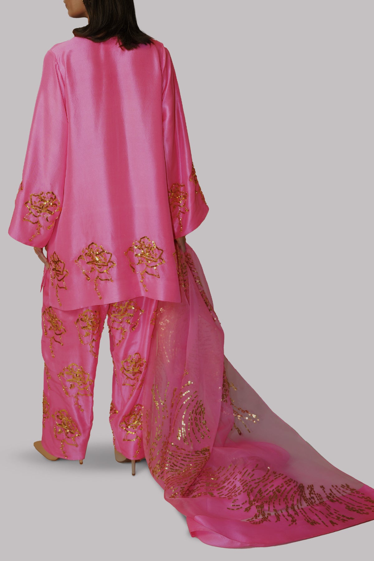 Pink Carnation Embellished Raw Silk Set