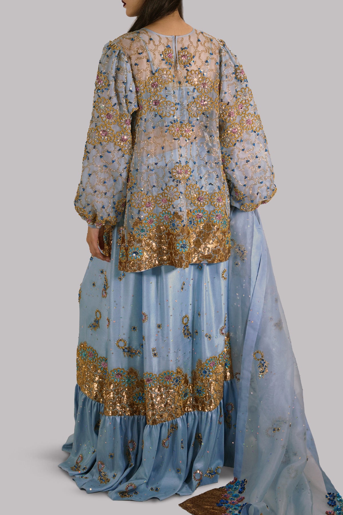Cashmere Blue Embellished Organza Skirt Set