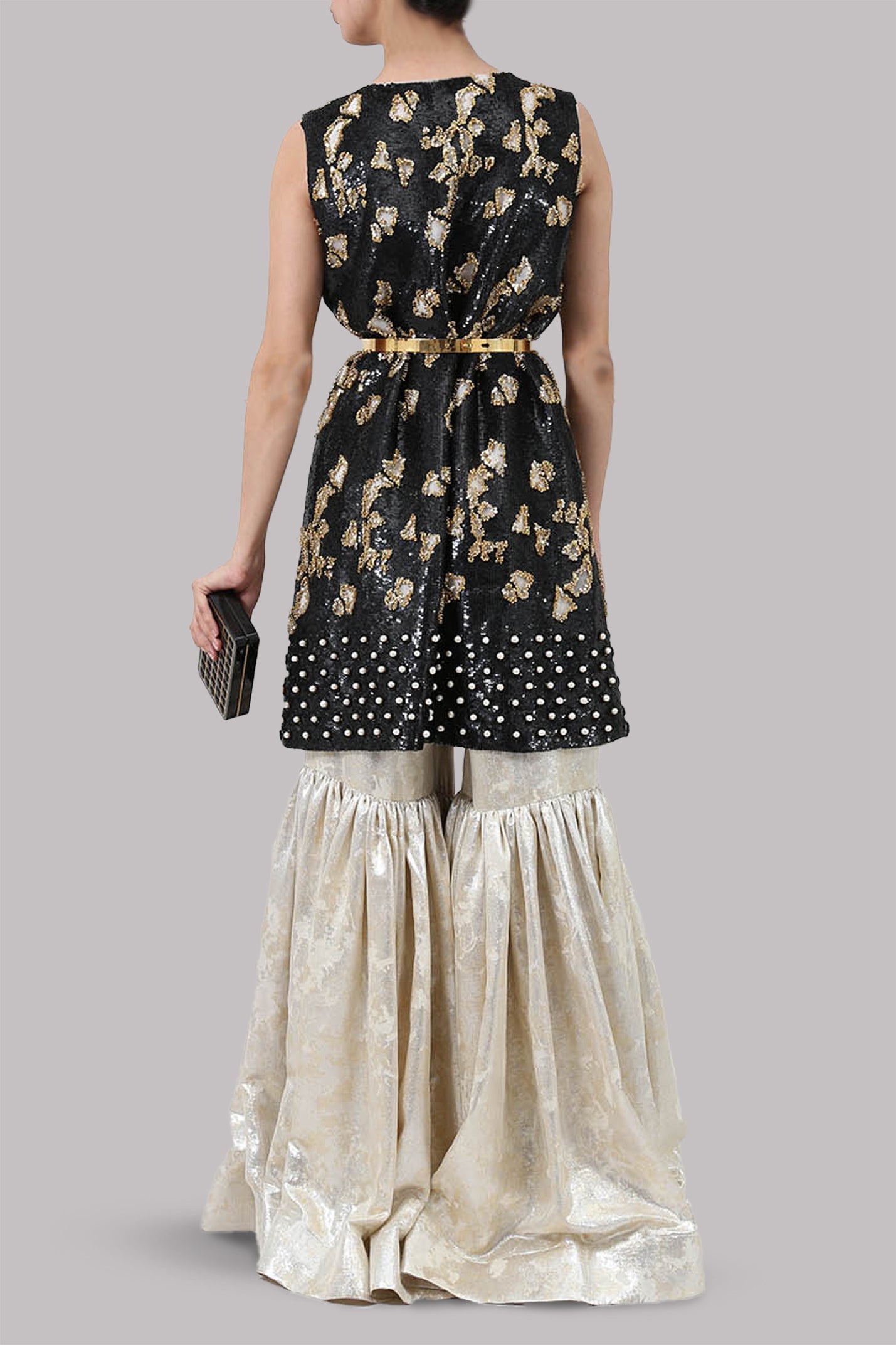 Black Embellished Tunic and Brocade Gharara Set