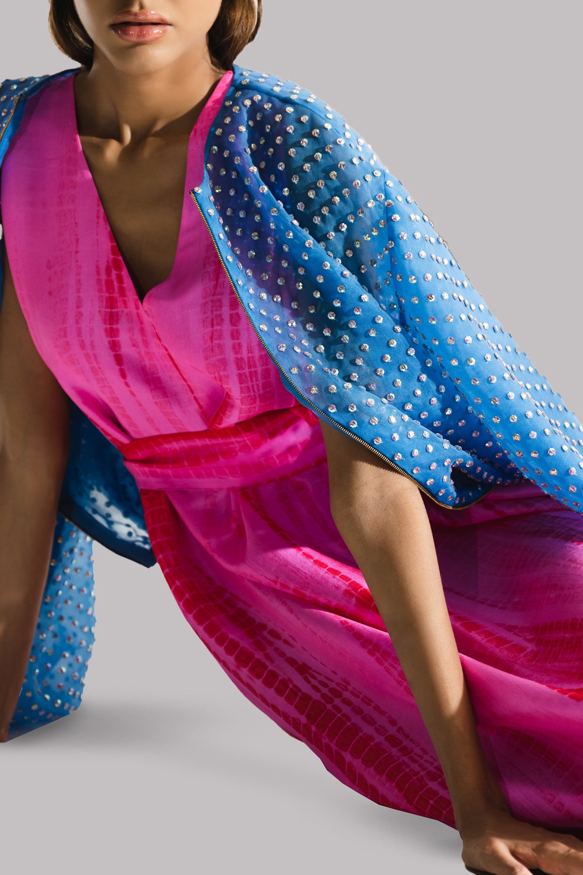 Diva Pink and Tango Red Tie-Dye Raw Silk Maxi Dress