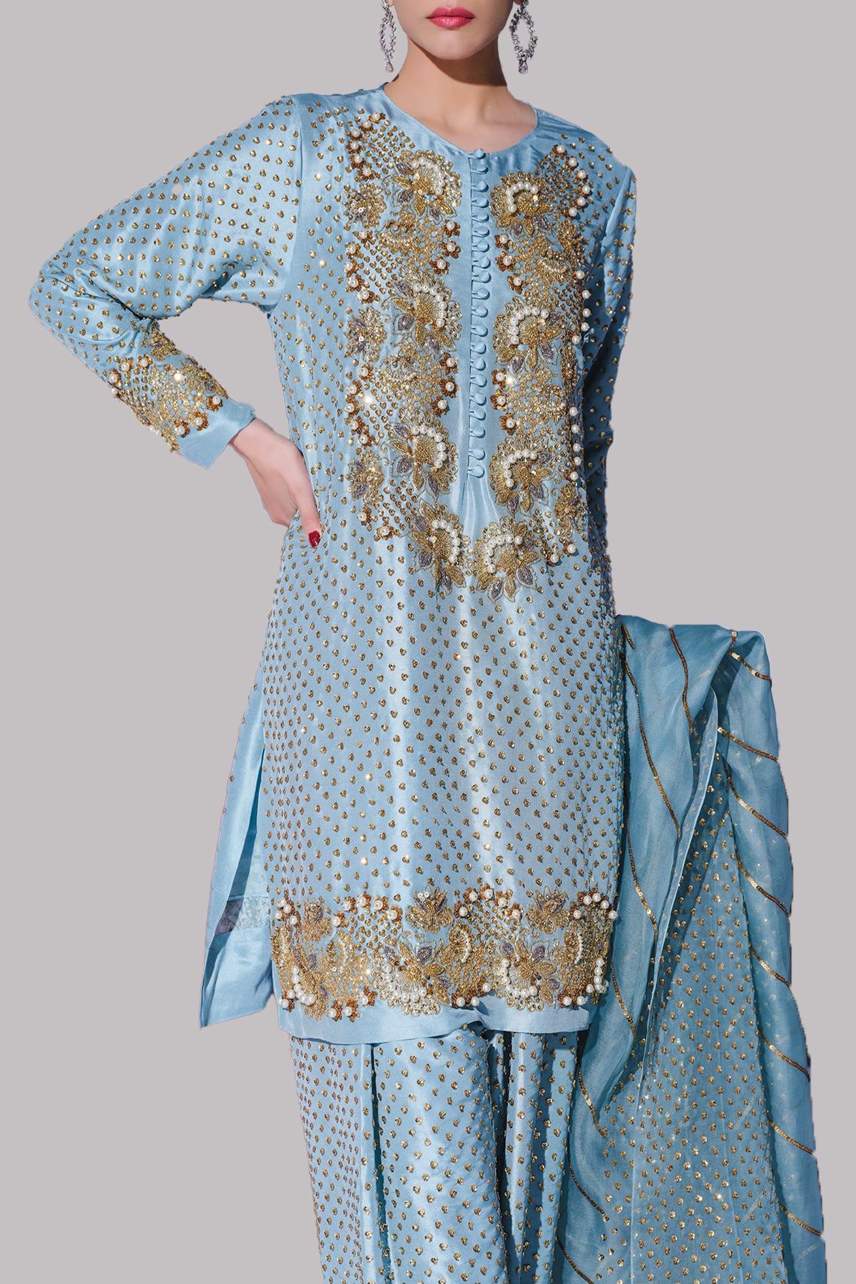 Aqua Embellished Raw Silk Set