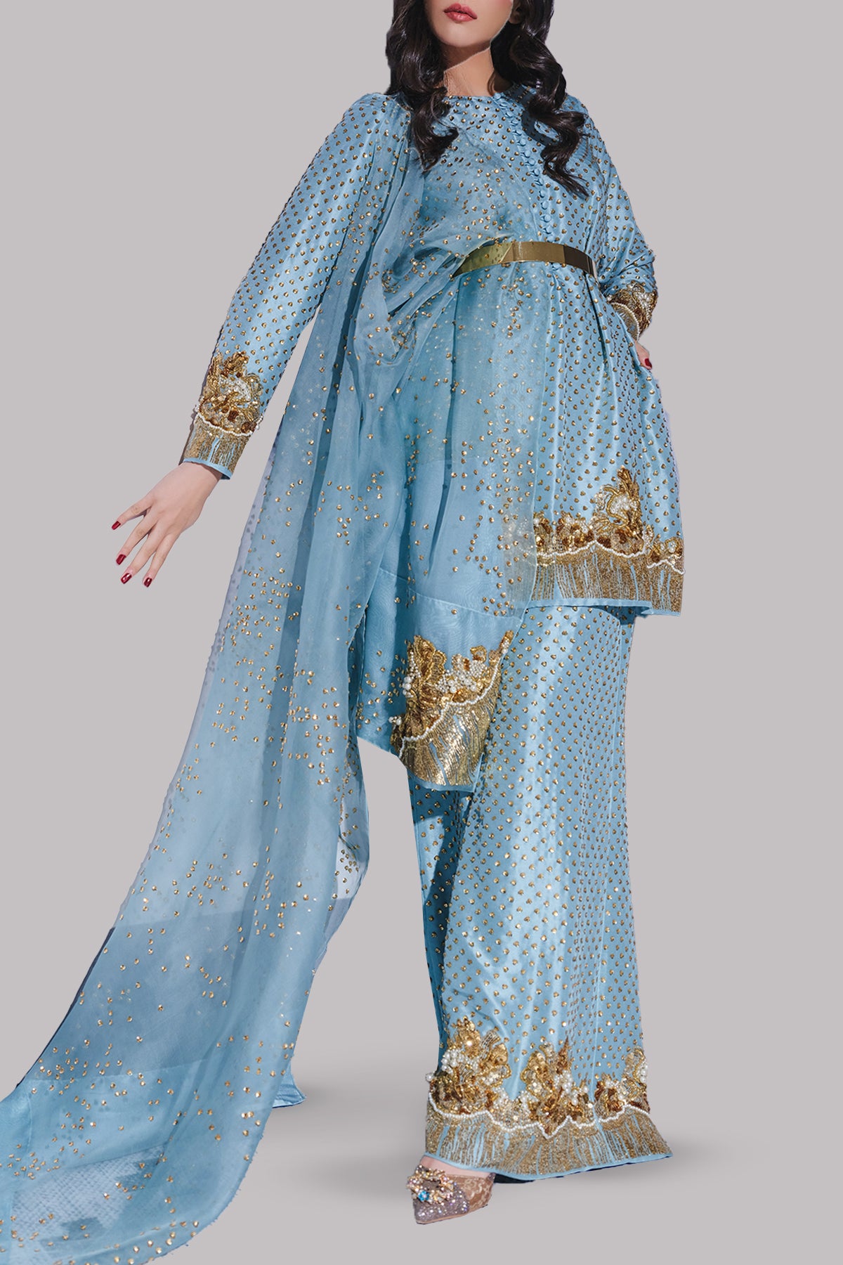 Aqua Embellished Raw Silk Set