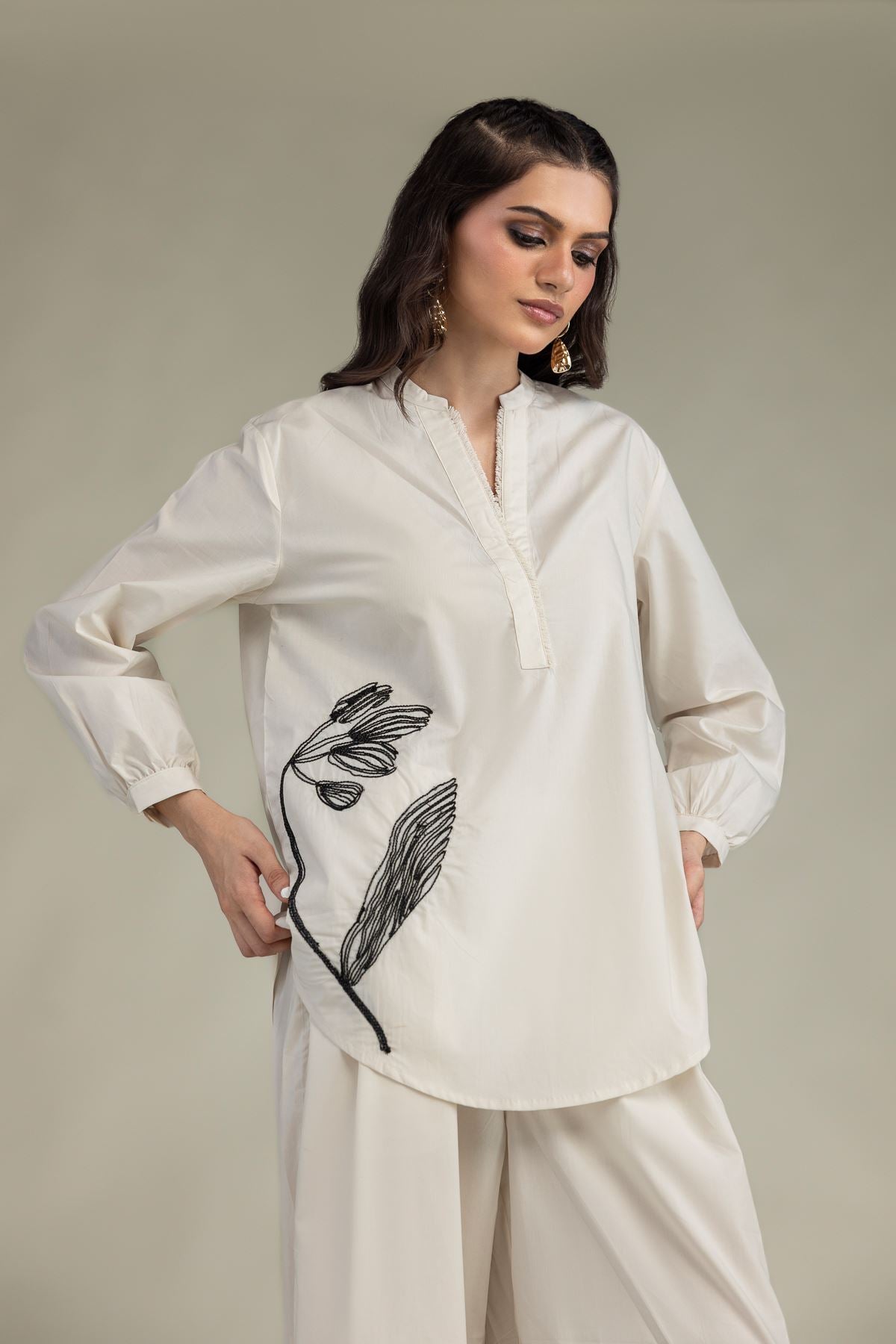 Floral Band-Collar Shirt
