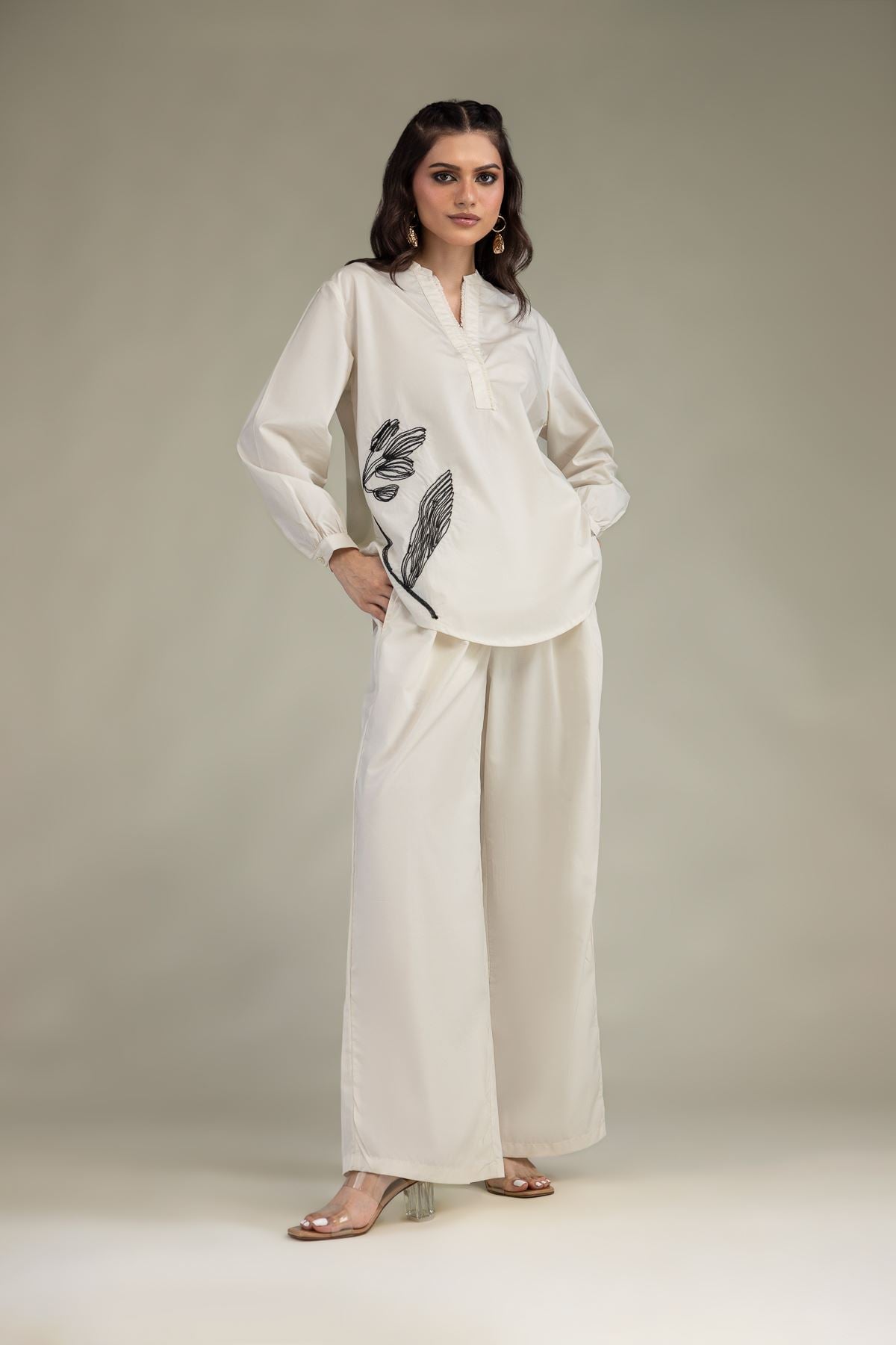 Floral Band-Collar Shirt