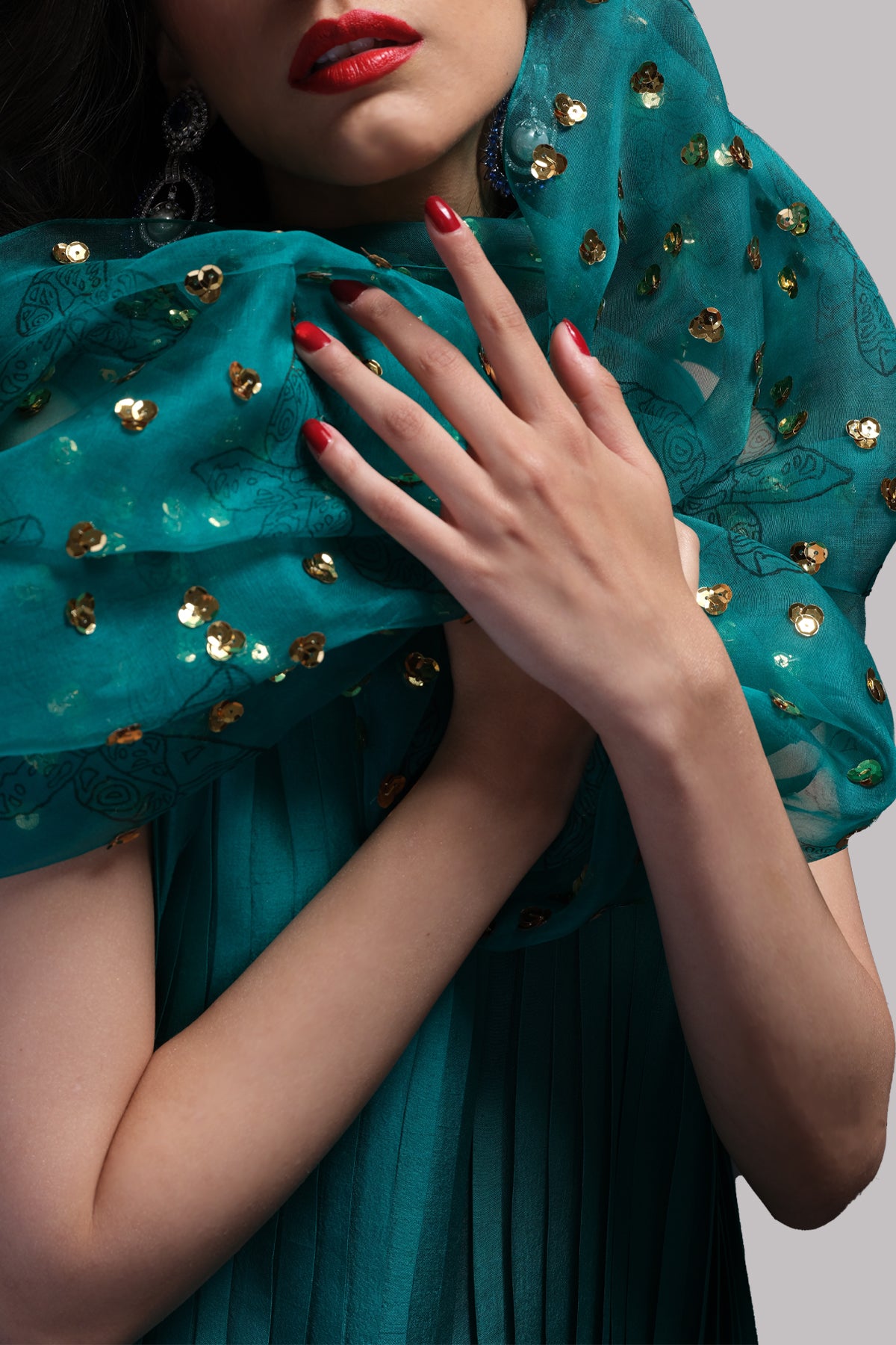 Shady Glade Pleated Raw Silk Maxi with Embellished Dupatta