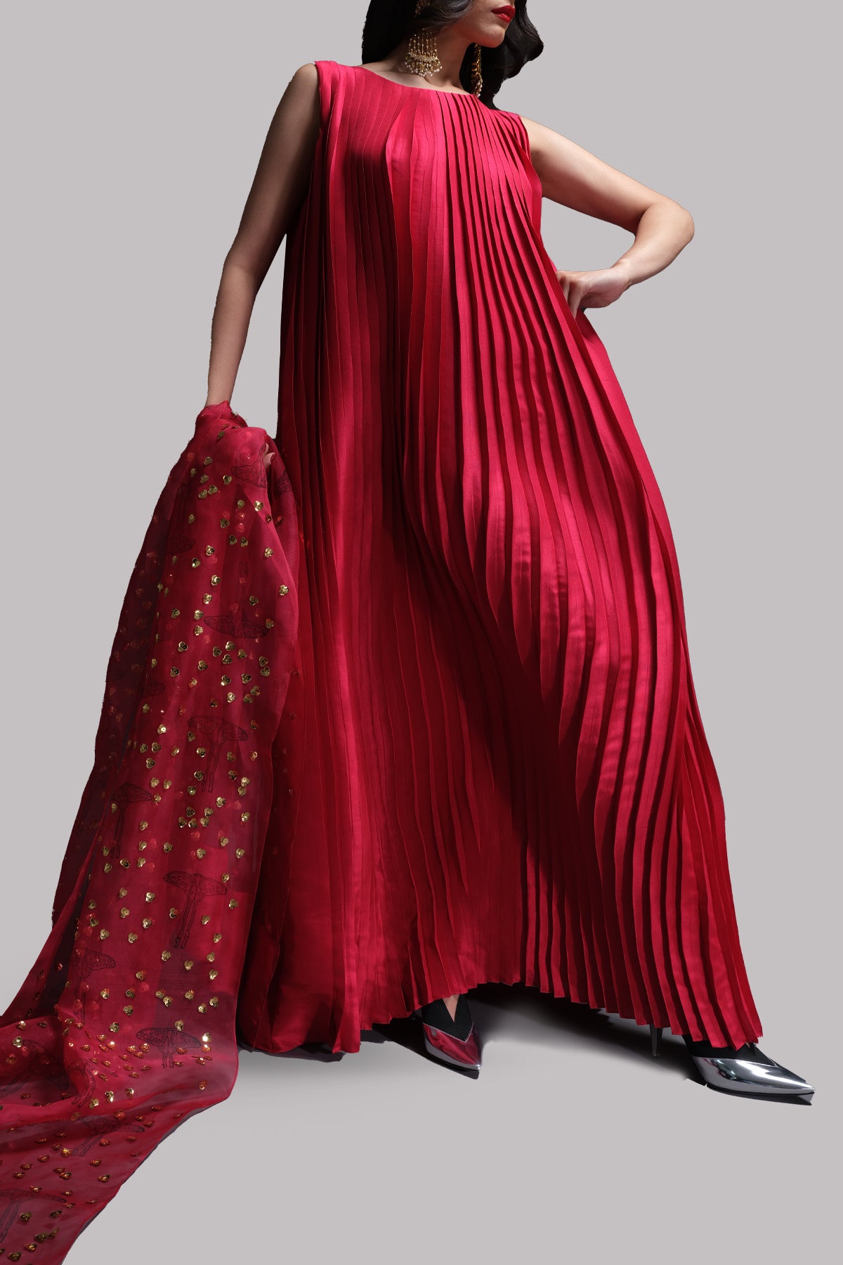 Tango Red Pleated Raw Silk Maxi with Embellished Dupatta