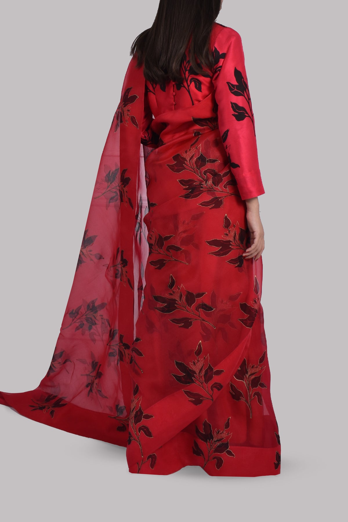 Tango Red Block Printed Organza Sari
