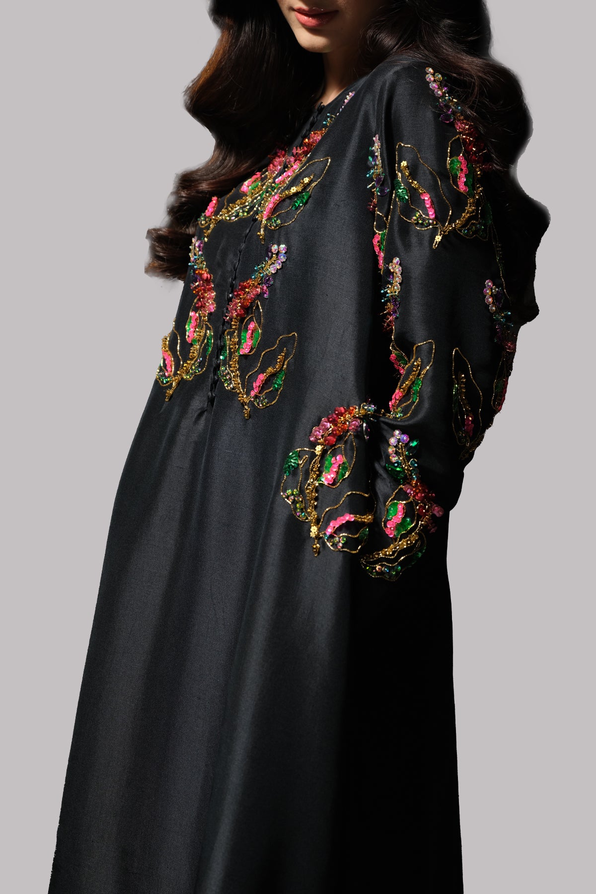Black Crystal and Sequin Embellished Silk Maxi Dress