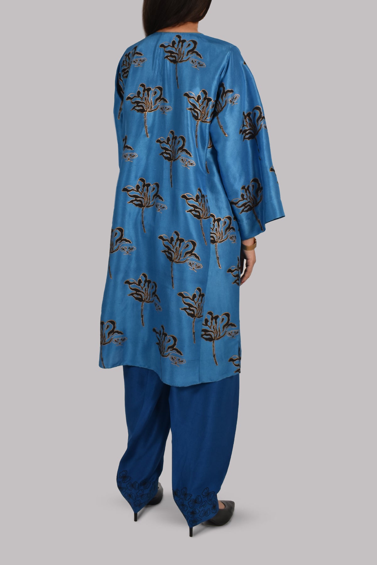 Mediterranean Blue Oversized Block Printed Raw Silk Tunic Set