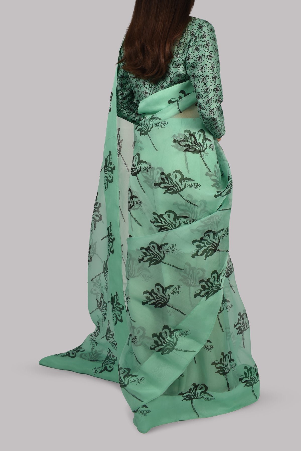 Neptune Green Block Printed Organza Sari