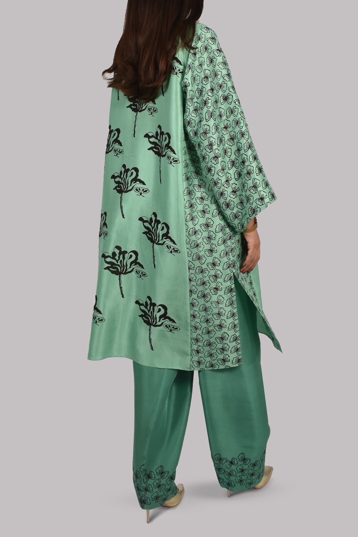 Neptune Green Oversized Block Printed Raw Silk Tunic Set
