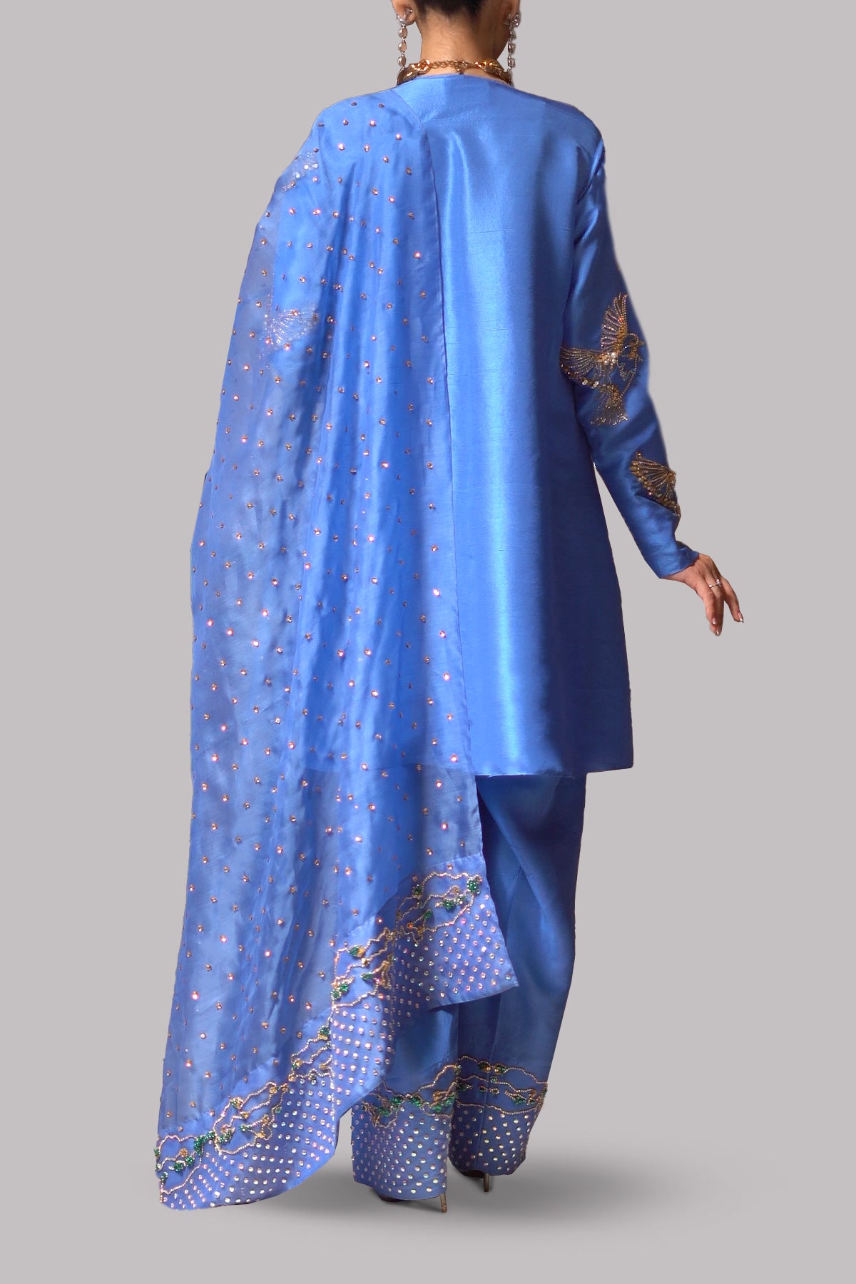 Mediterranean Blue Embellished Raw Silk Set