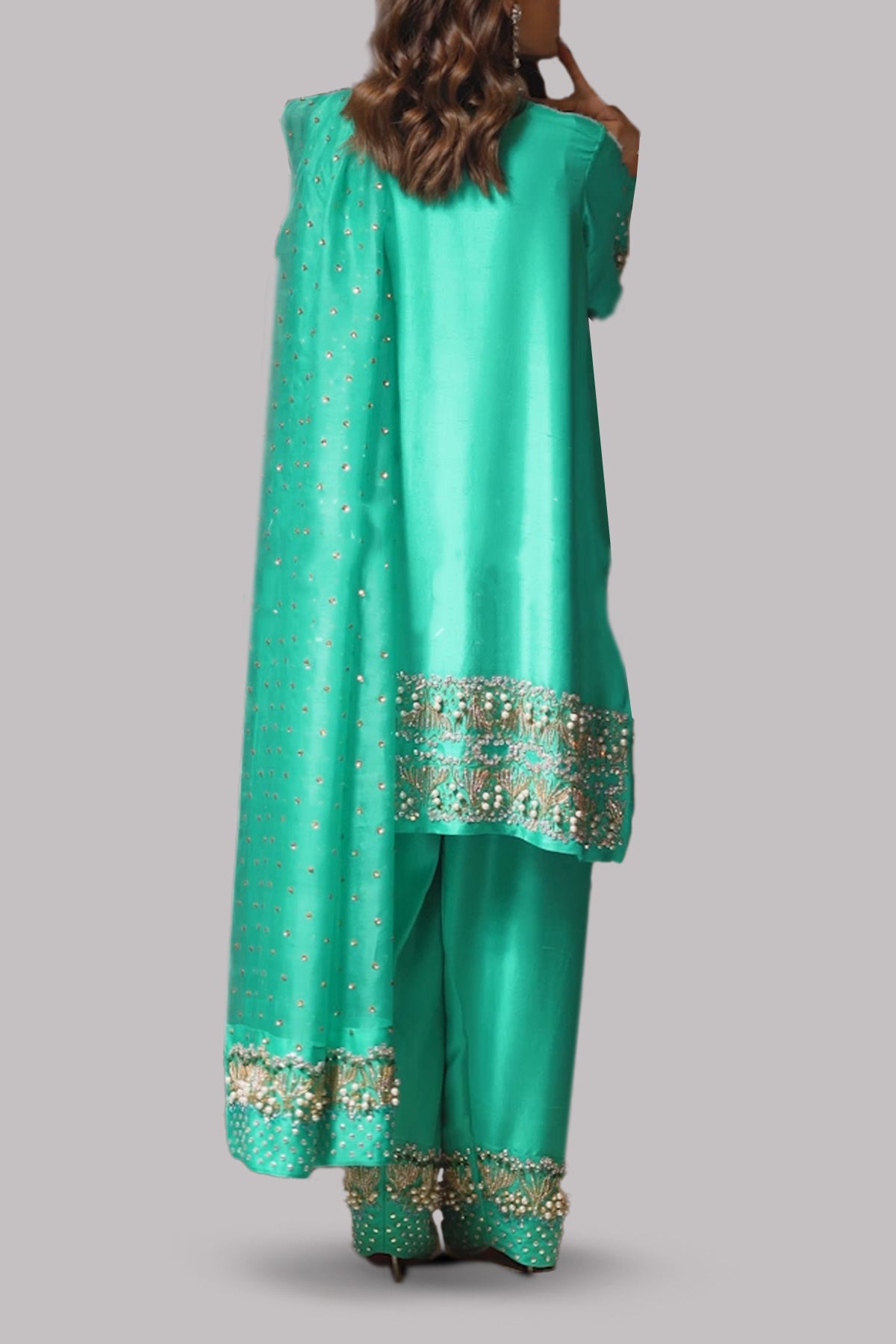 Arcadia Green Embellished Raw Silk Set