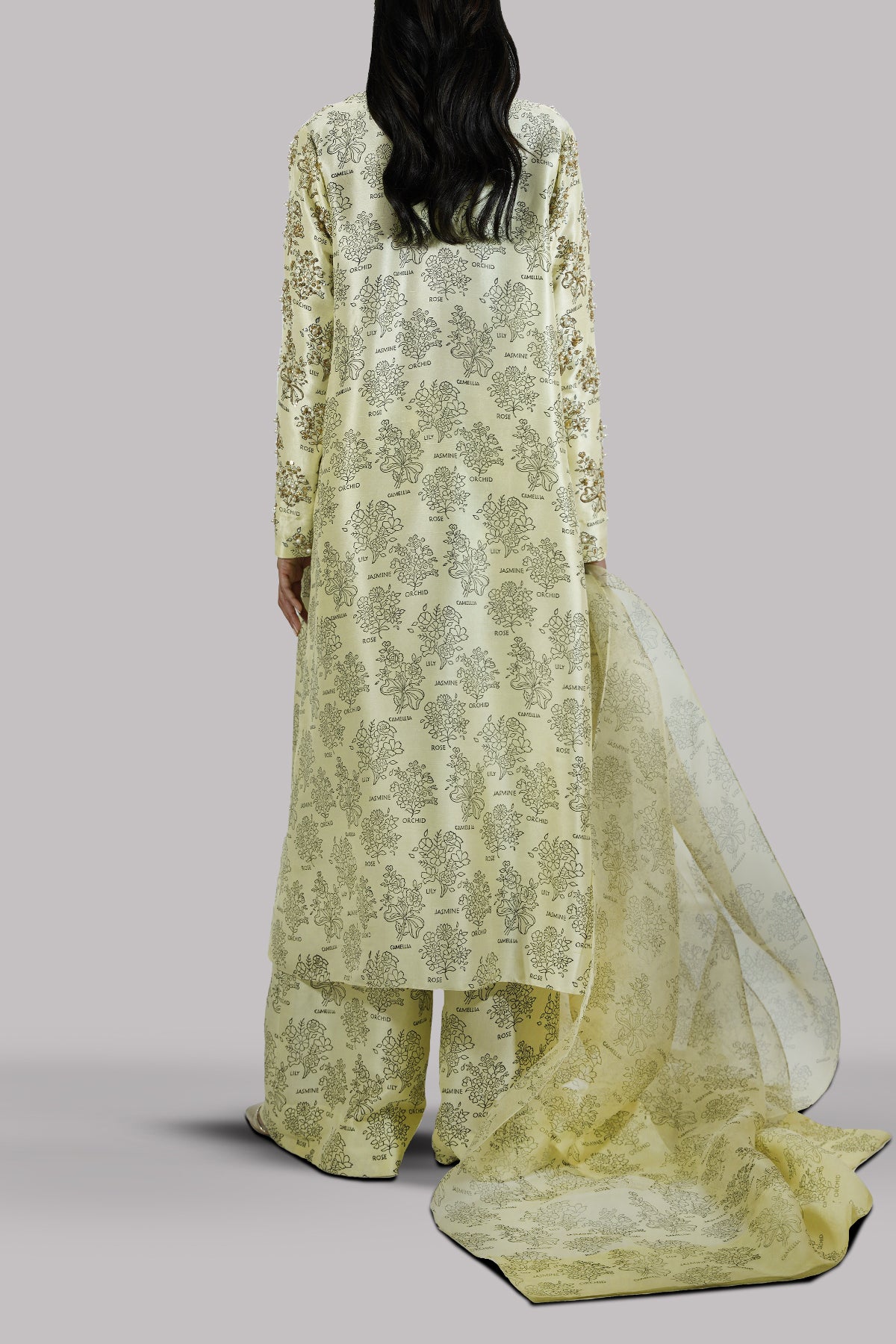 Verbena Yellow Block Printed &amp; Embellished Raw Silk Set