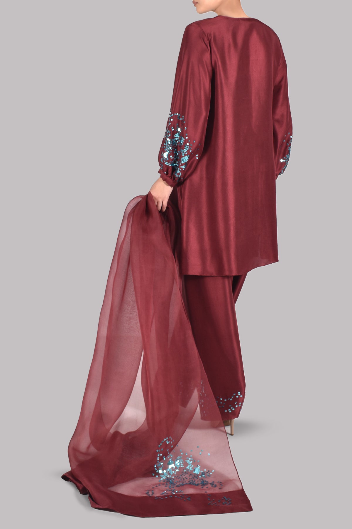 Syrah Maroon Embellished Raw Silk Set