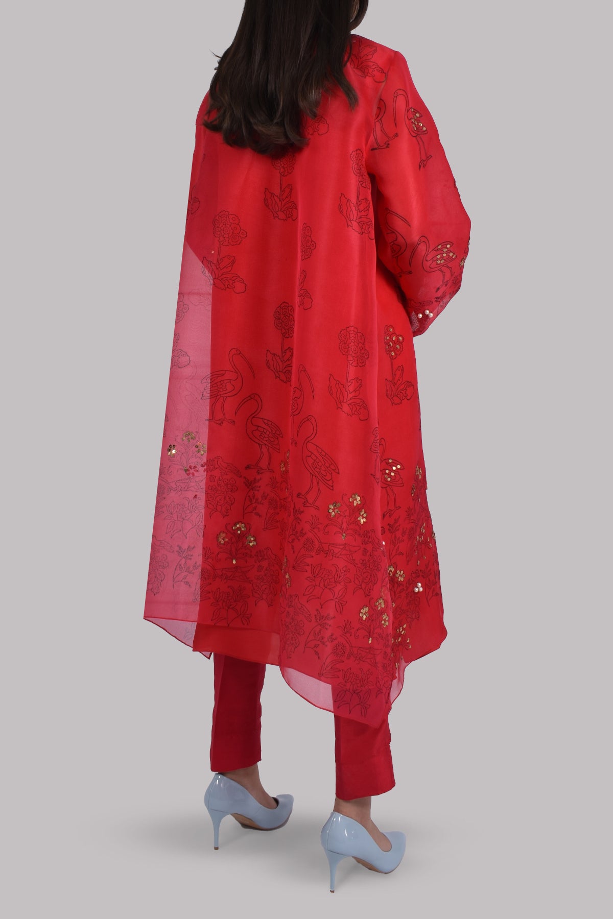 Lollipop Red Organza Block Printed Embellished Tunic Set