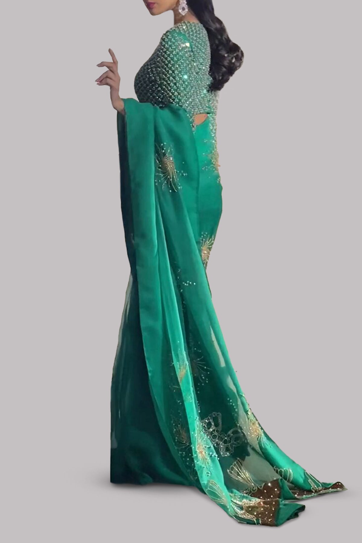 Emerald Green Embellished Organza Sari