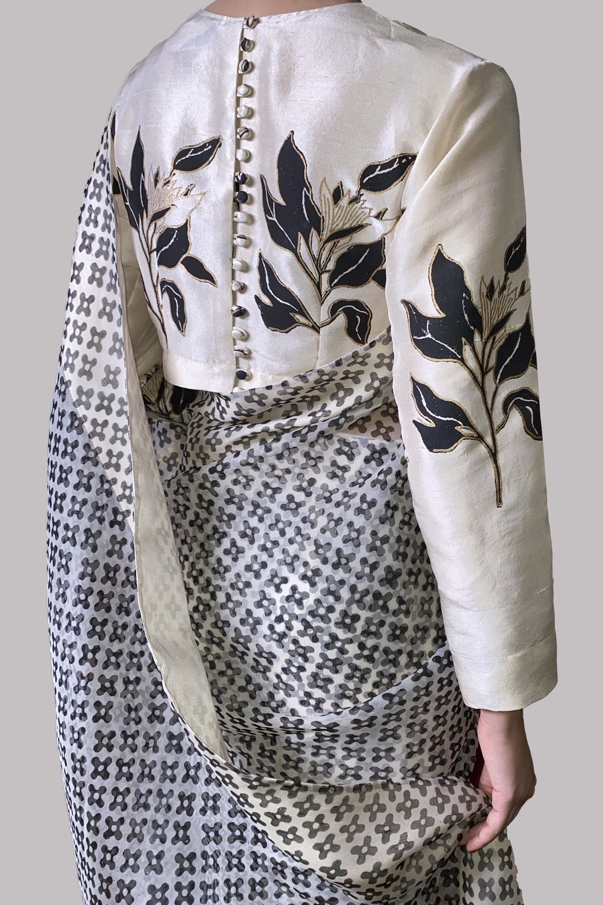 White Swan Block Printed Organza Sari