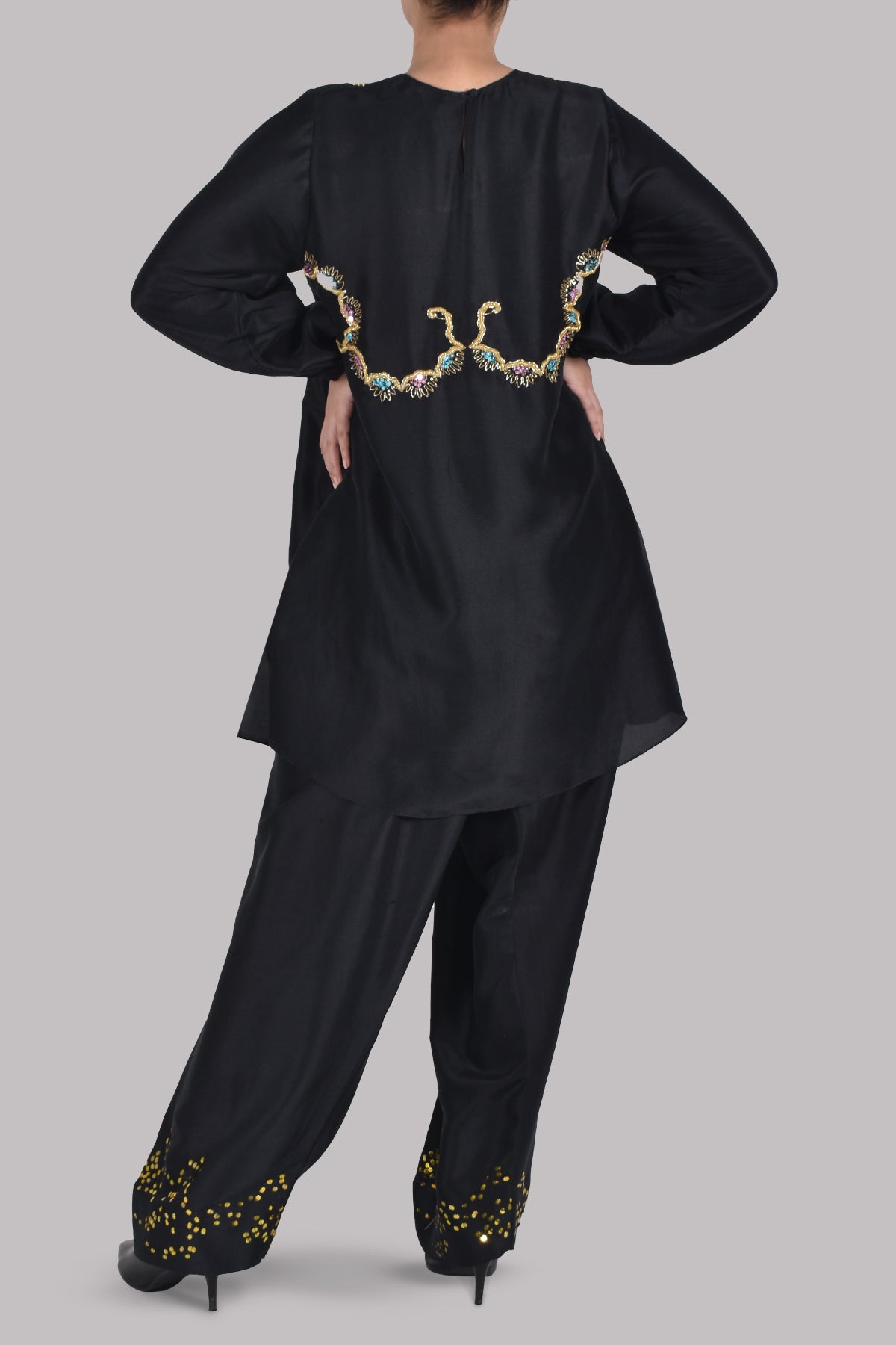 Black Embellished Raw Silk Set