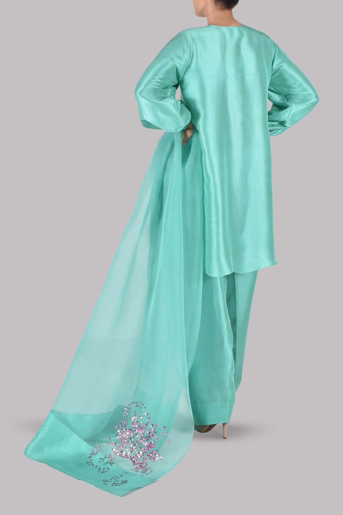Mint Green Turquoise Embellished Raw Silk Set