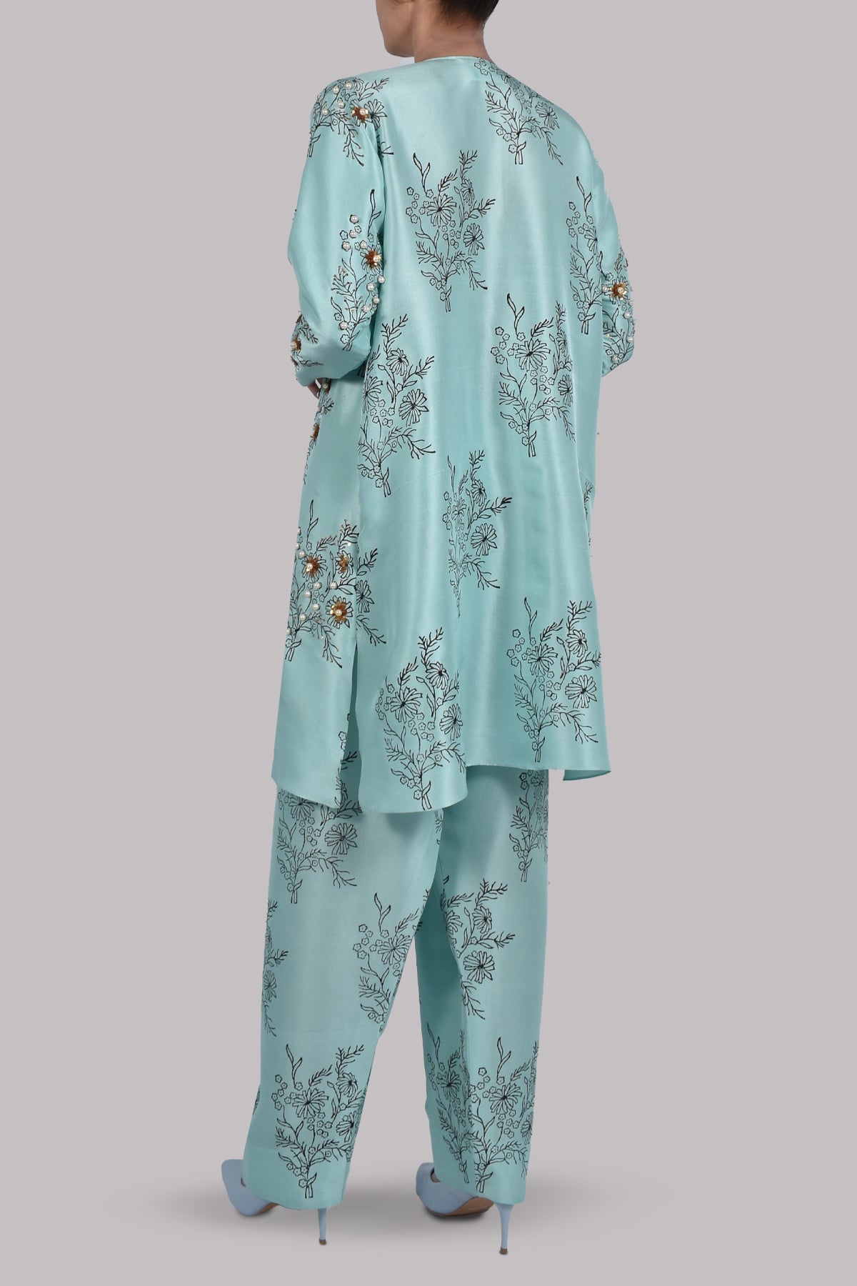 Ice Green Block Print Embellished Raw Silk Tunic Set