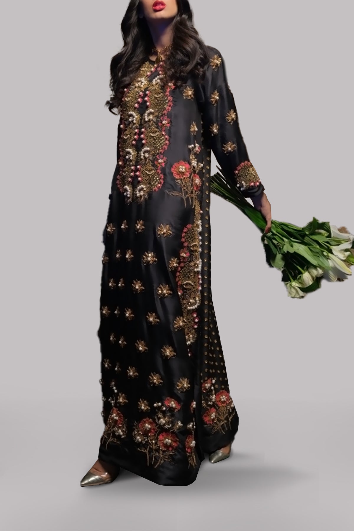 Black Embellished Raw Silk Maxi