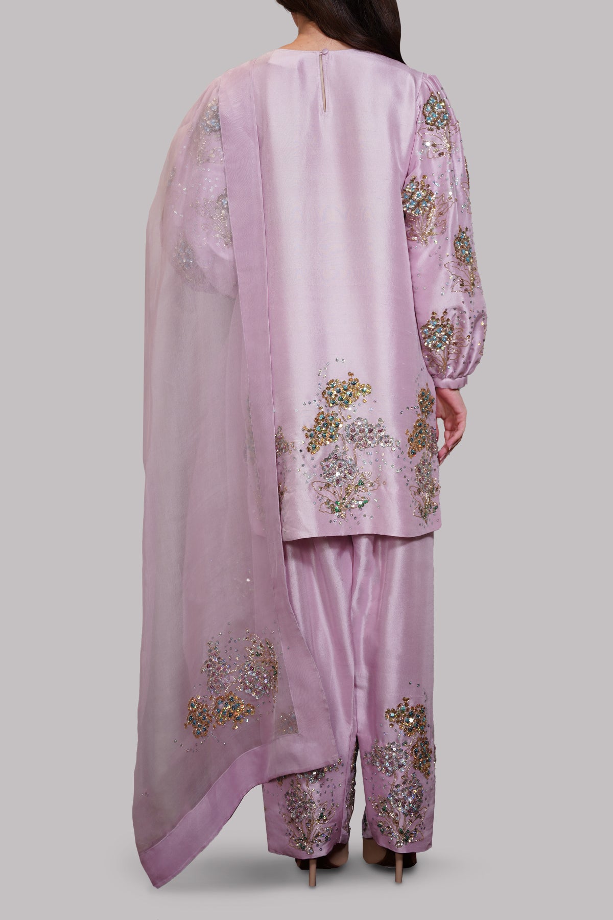 Lilac Chiffon Embellished Raw Silk Set