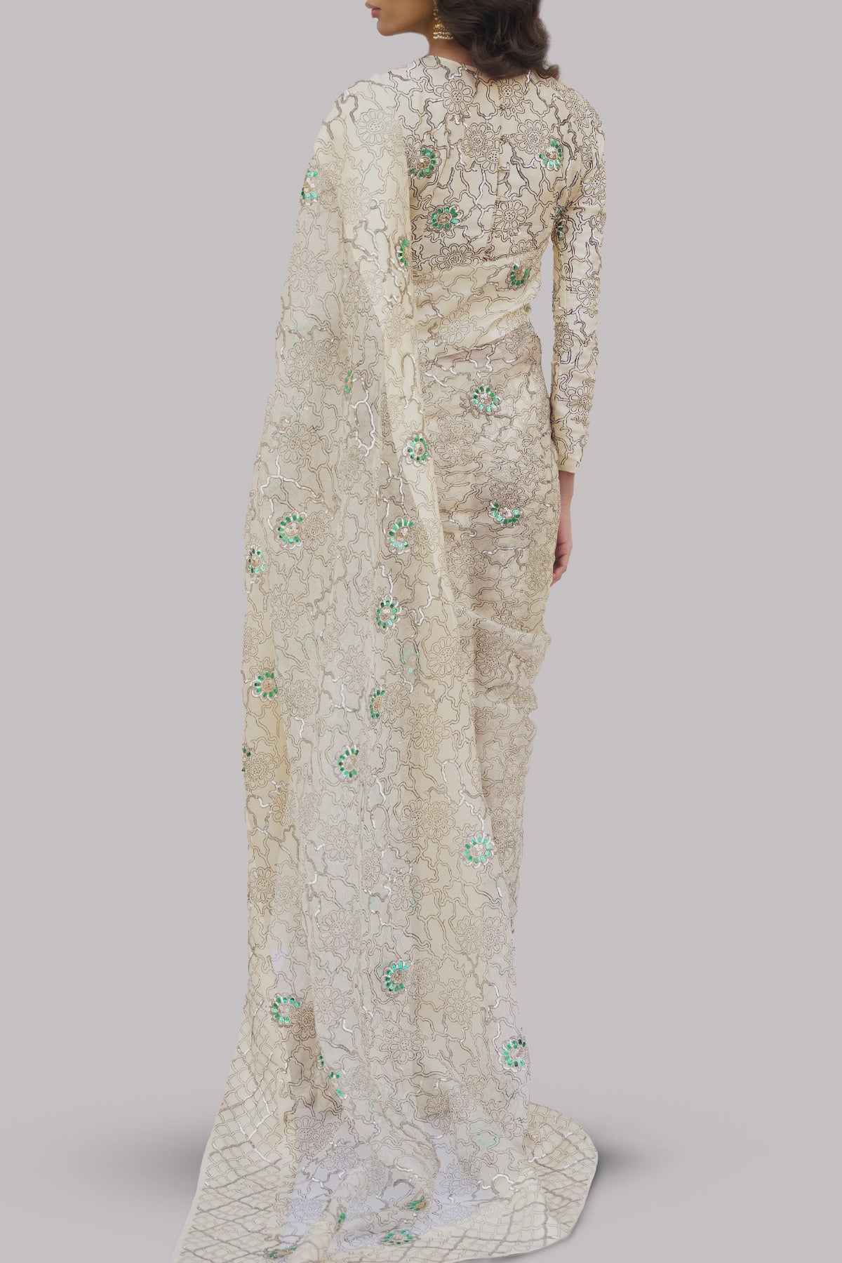 Afterglow Block Printed and Embellished Organza Sari