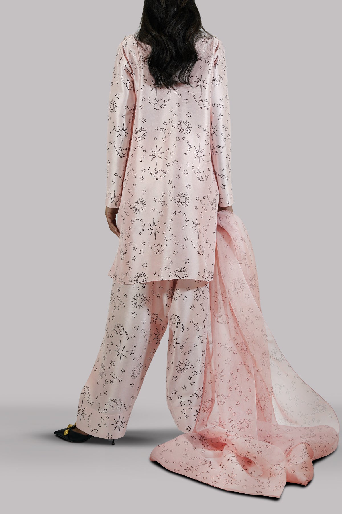 Peach Blush Block Printed &amp; Embellished Raw Silk Set