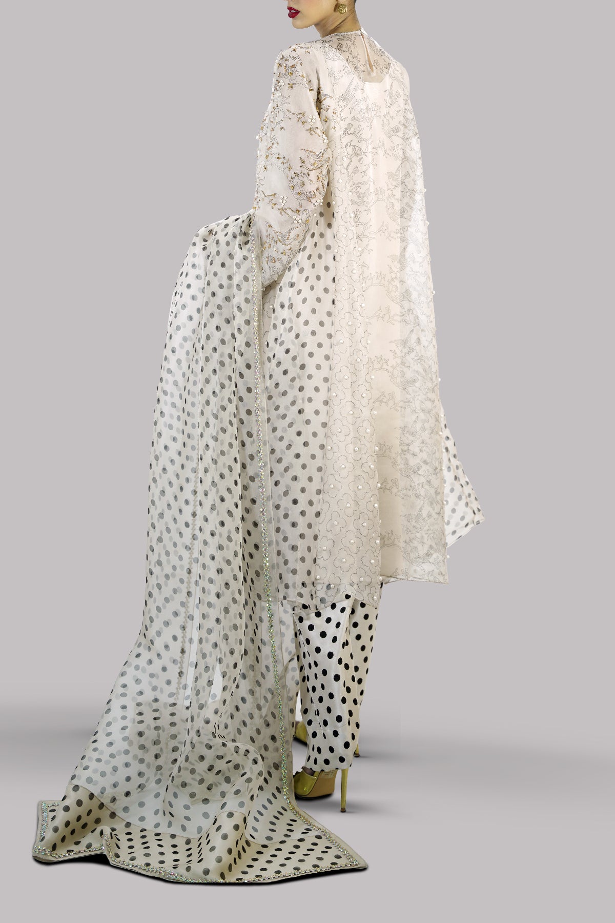 Egret Block Printed &amp; Embellished Organza Set