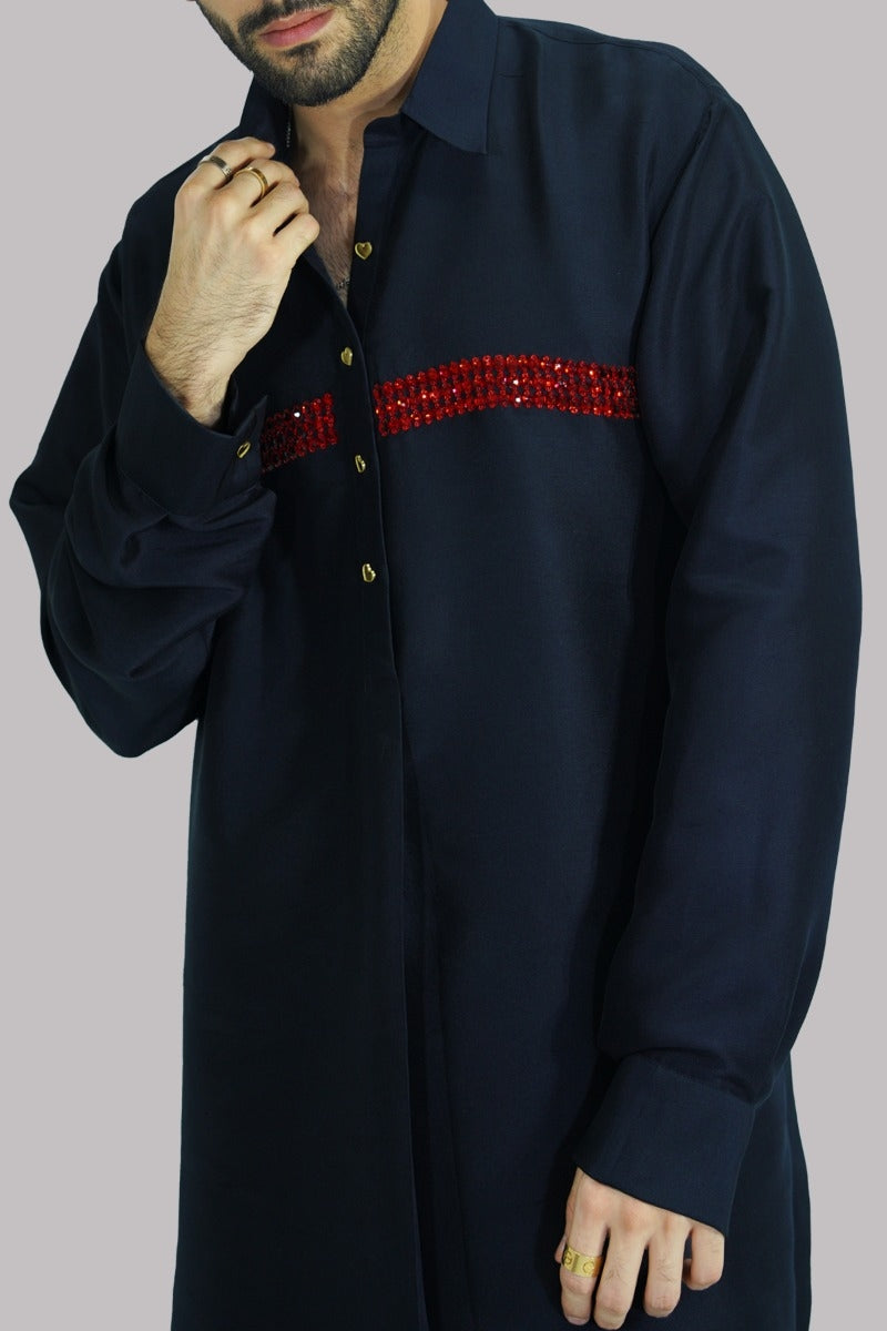 Black Embellished Raw Silk Set