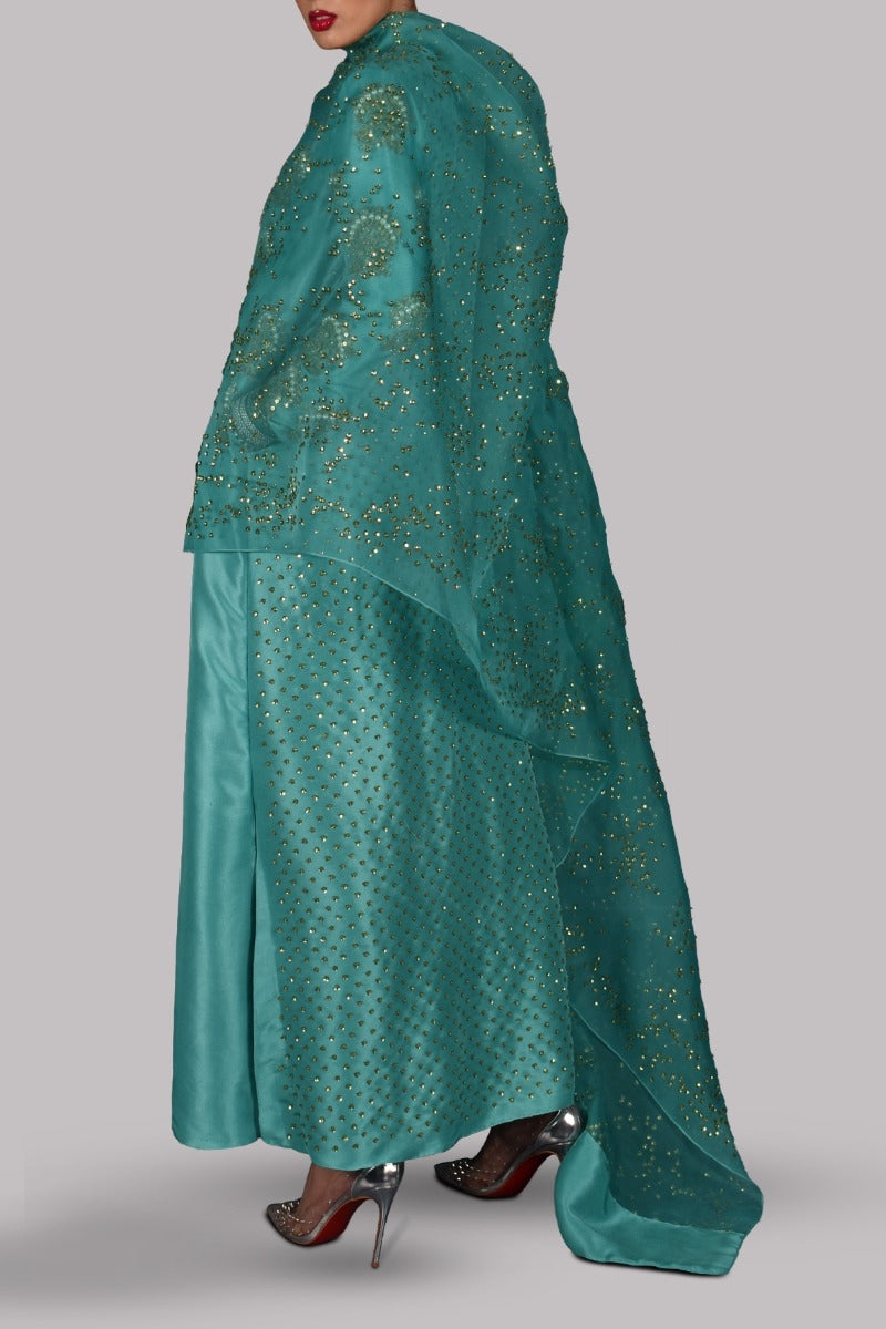 Waterfall Green Embellished Raw Silk Maxi
