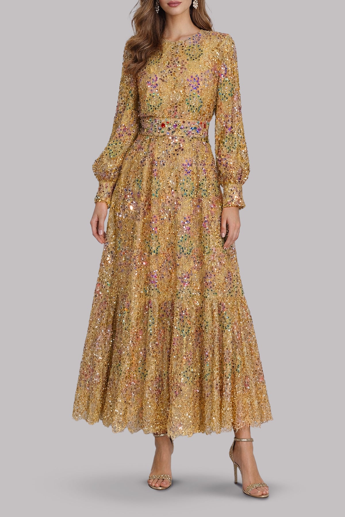 Metallic Gold French Lace Tiered Dress