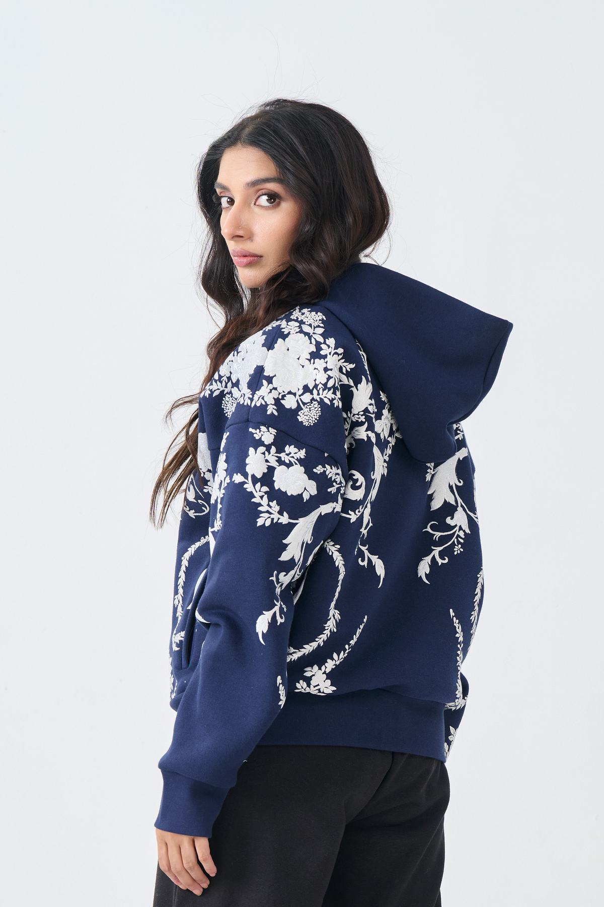 Loose Fit Fleece Zipper Hoodie with emboss print (Navy Blue)