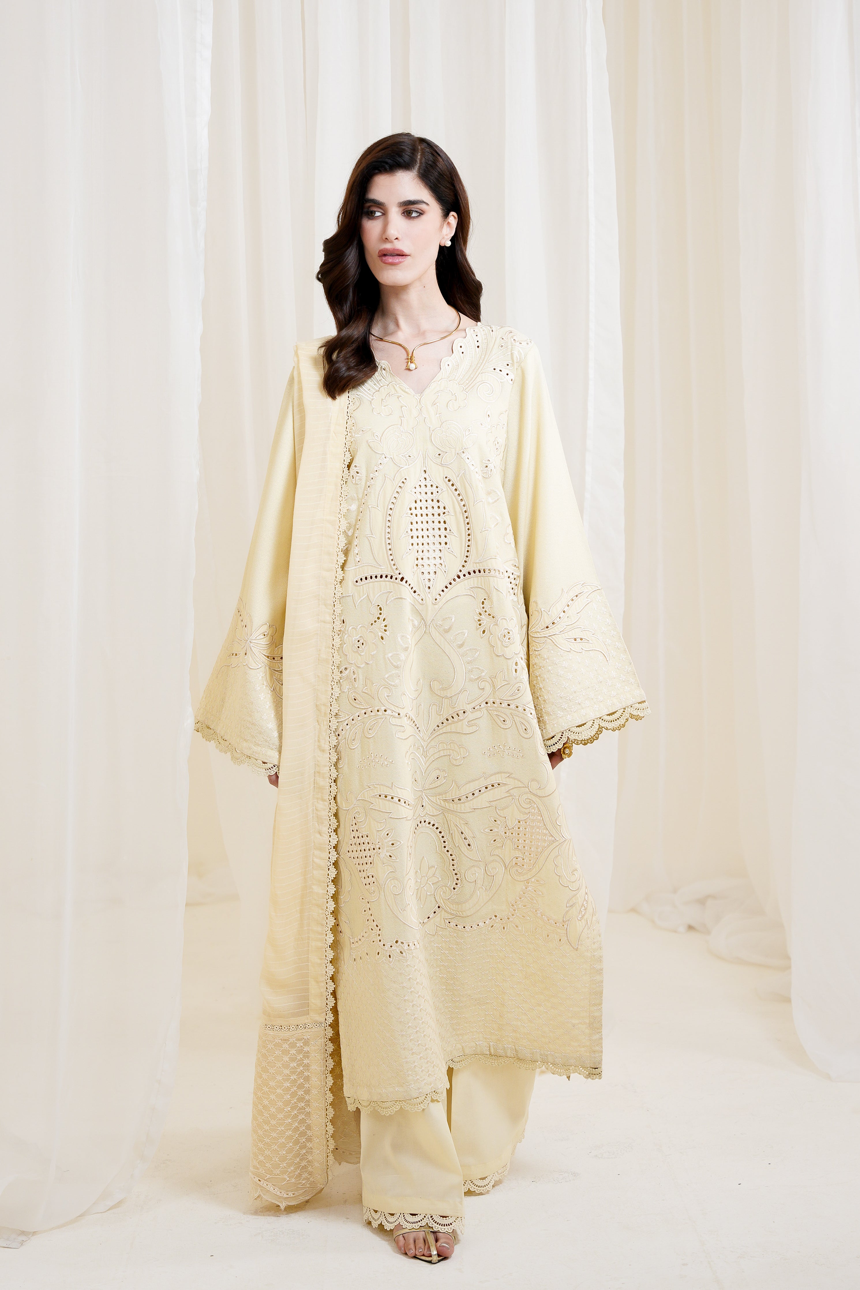 BUTTER YELLOW LUXURY EMBROIDERED 3PCS SET NPA3-25420 (EID 2025 READY TO WEAR) - EXPRESS SHIPPING