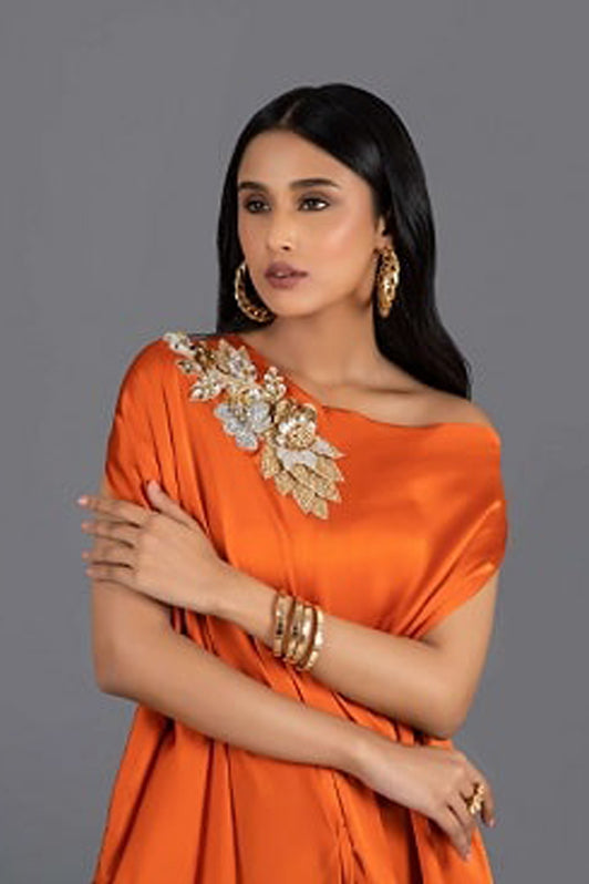 Draped Burnt Orange Top with Three Dimensional Motif