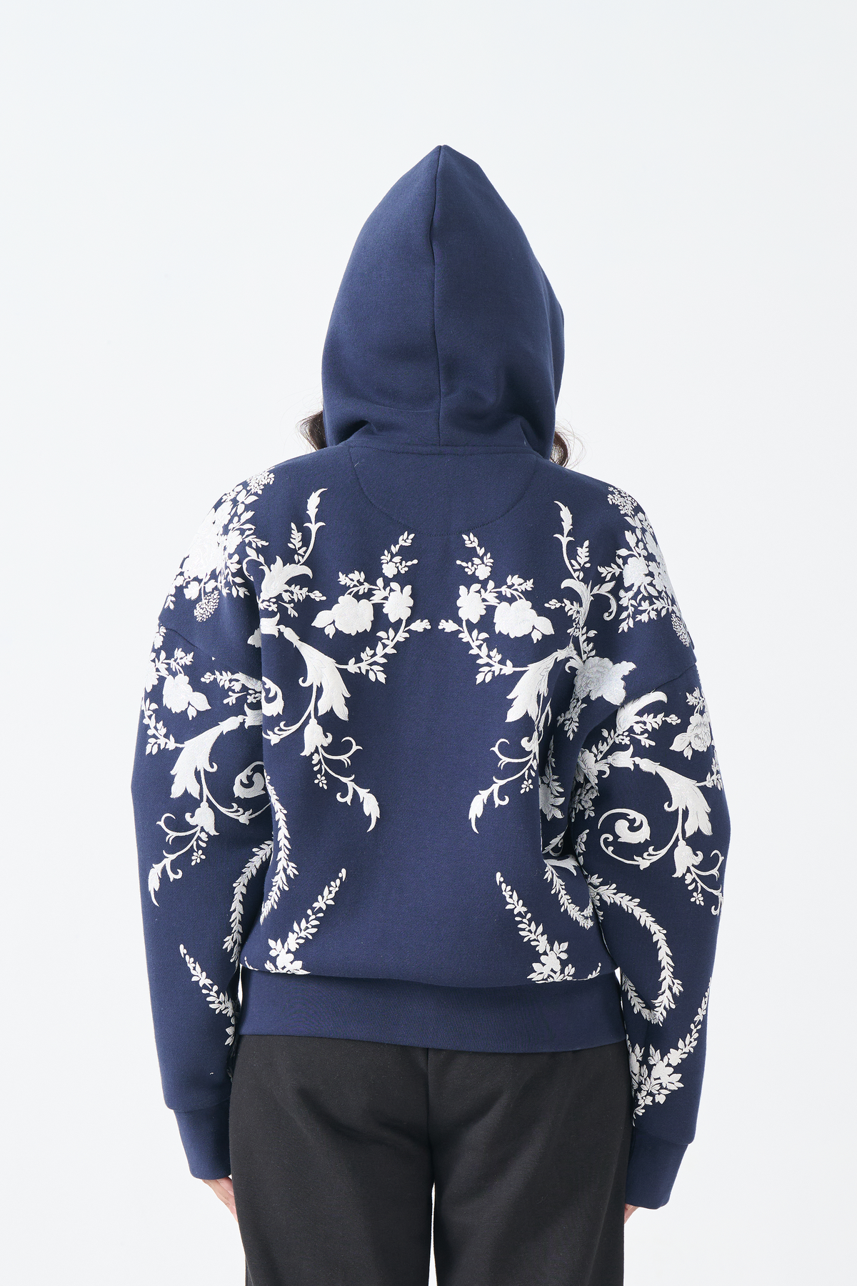 Loose Fit Fleece Zipper Hoodie with emboss print (Navy Blue)
