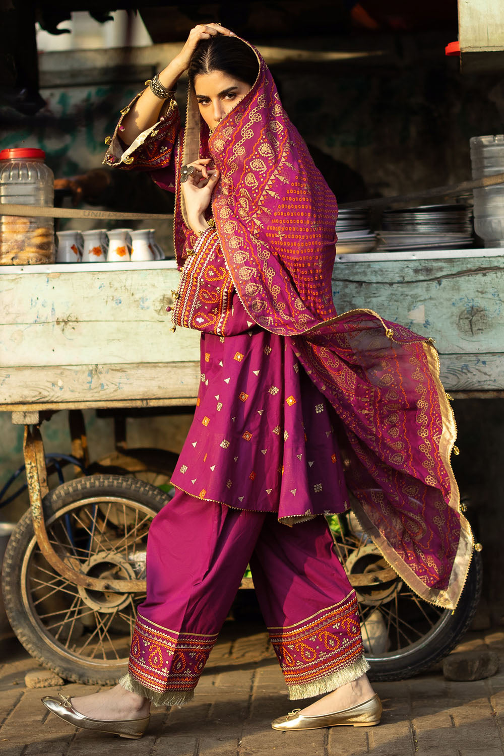 3 Piece Embroidered Lawn Suit with Gold and Lacquer Printed Chiffon Dupatta and Dyed Trouser
