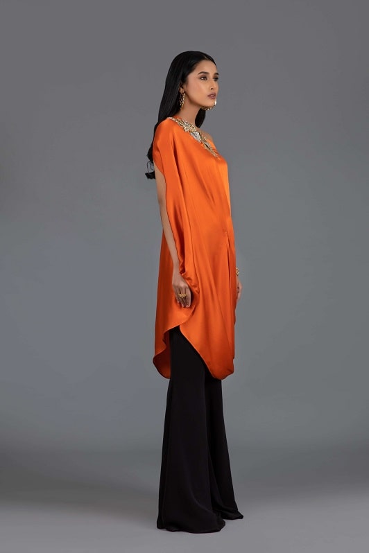 Draped Burnt Orange Top with Three Dimensional Motif