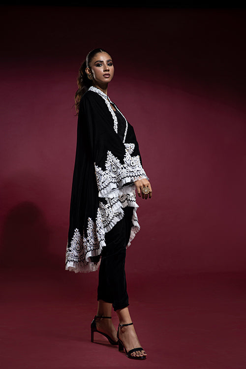 Black Velvet Coat with Trouser and Bustier Top