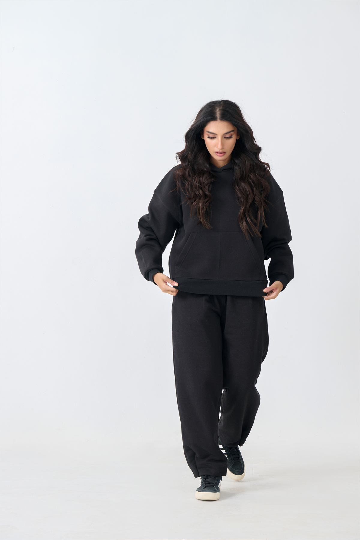 Loose Fit Fleece Pull Over Hoodie with Digital Print Patch (Black)