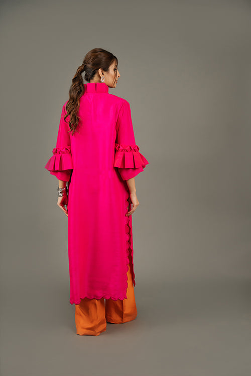 Hotpink Rawsilk Long Tunic with Flared Pants