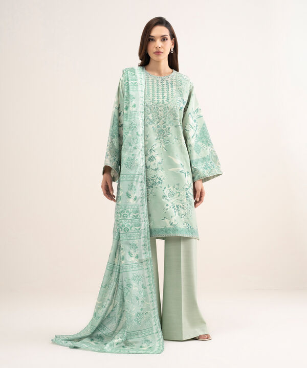3 Piece - Embroidered Raw Silk Suit
