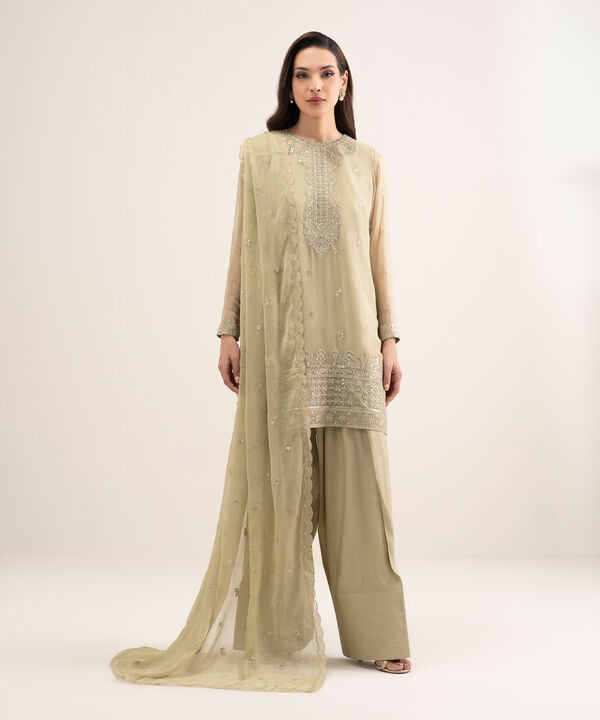 3 Piece - Embroidered Chiffon Suit