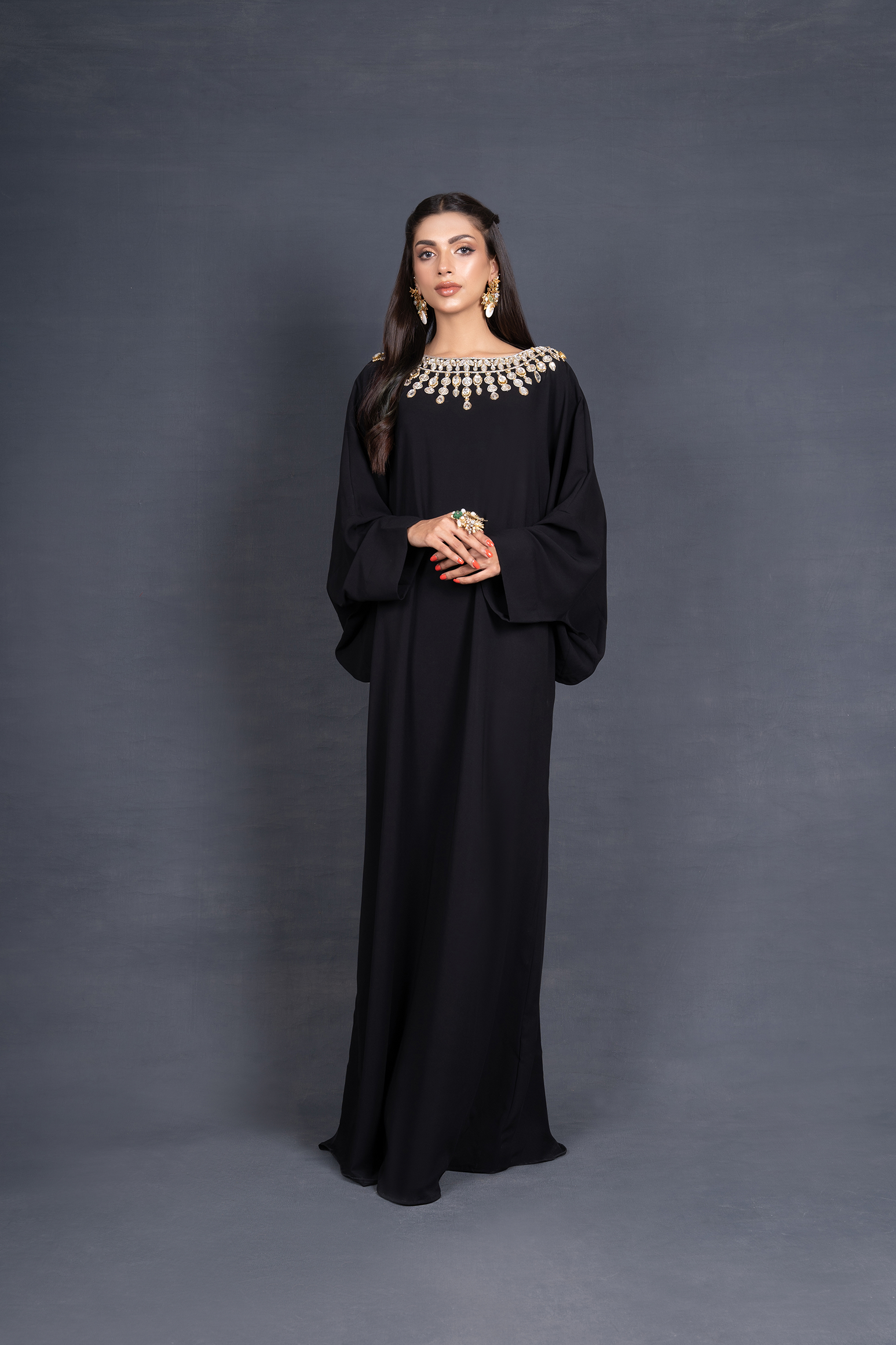 Bat Sleeved Kaftan with Crystal Embellished Neckline