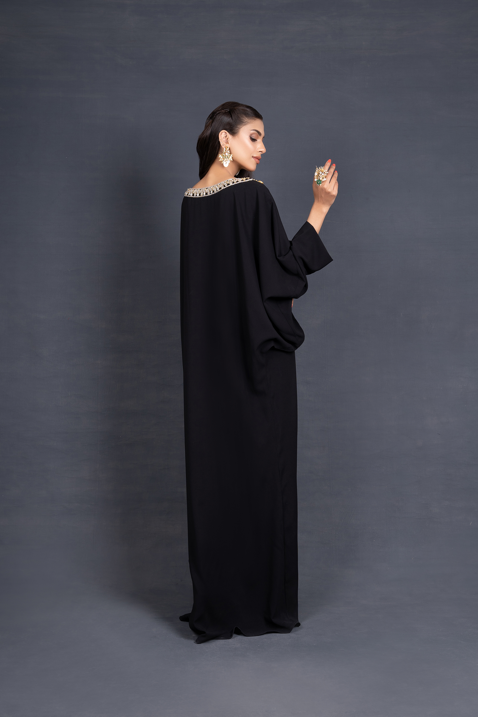Bat Sleeved Kaftan with Crystal Embellished Neckline
