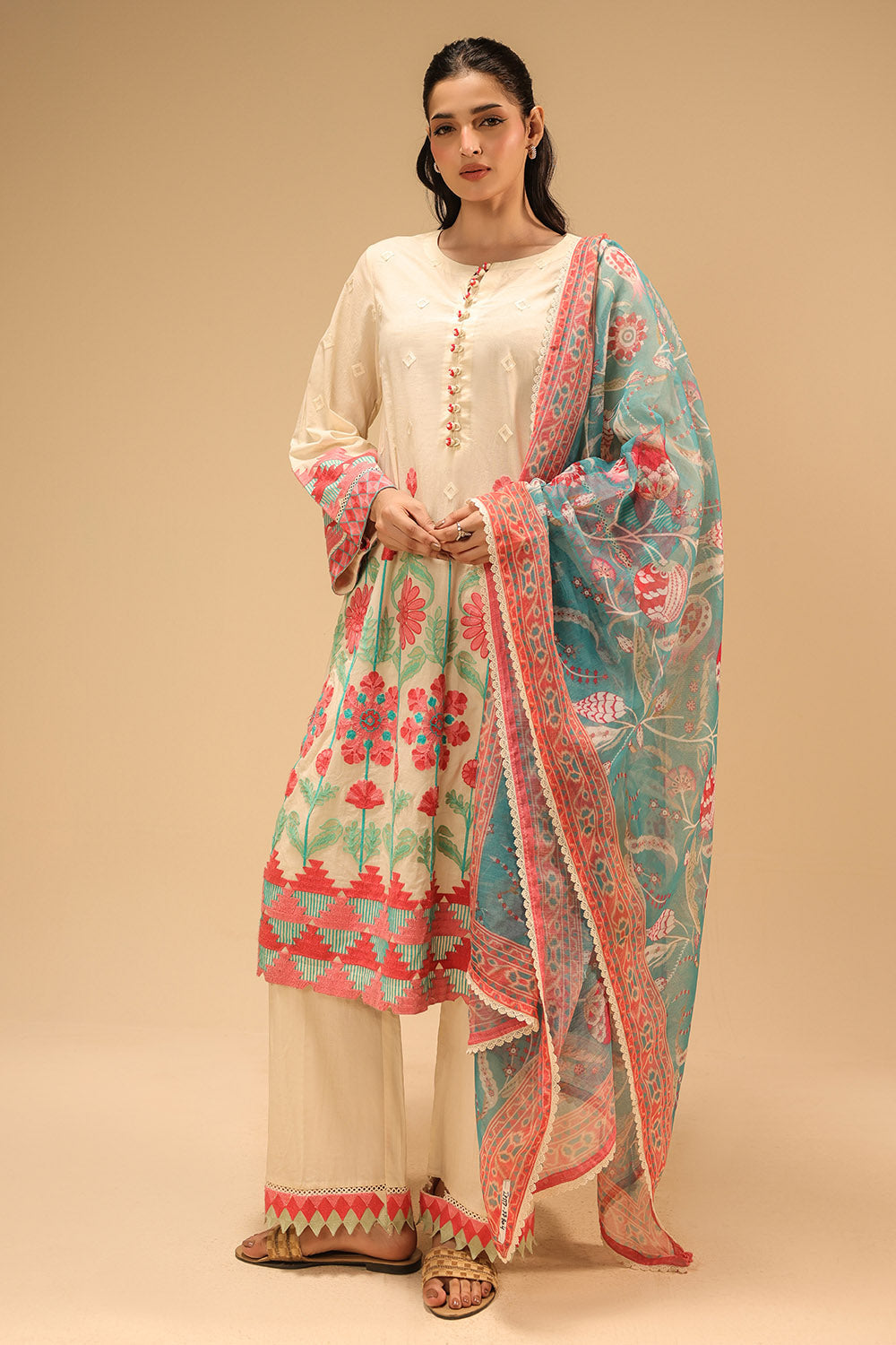 3Pc Cambric Embroidered Suit