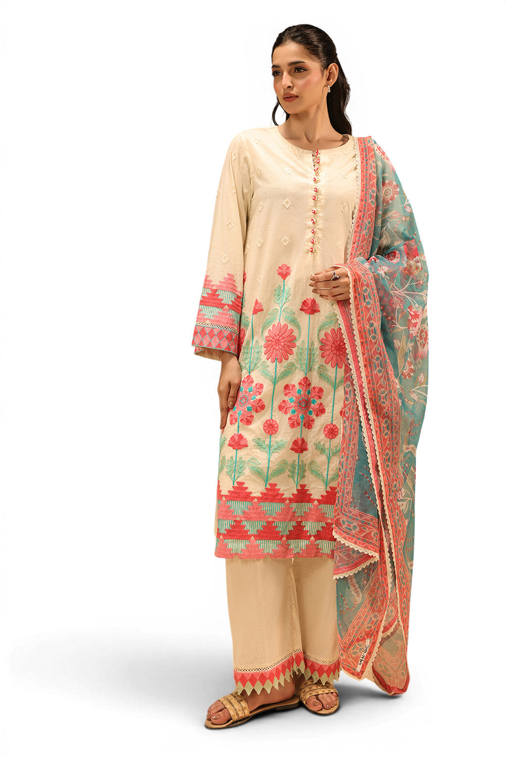 3Pc Cambric Embroidered Suit
