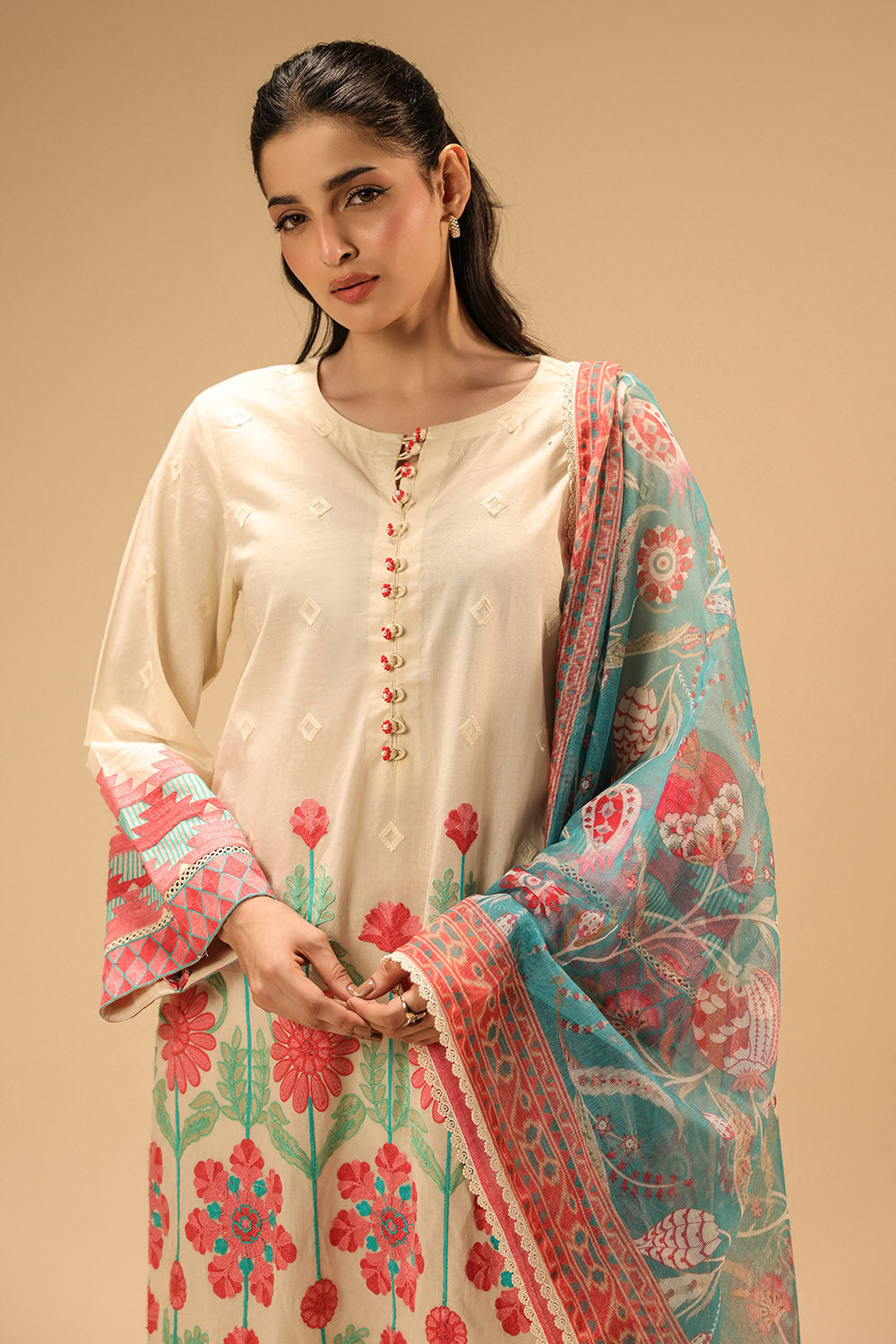 3Pc Cambric Embroidered Suit