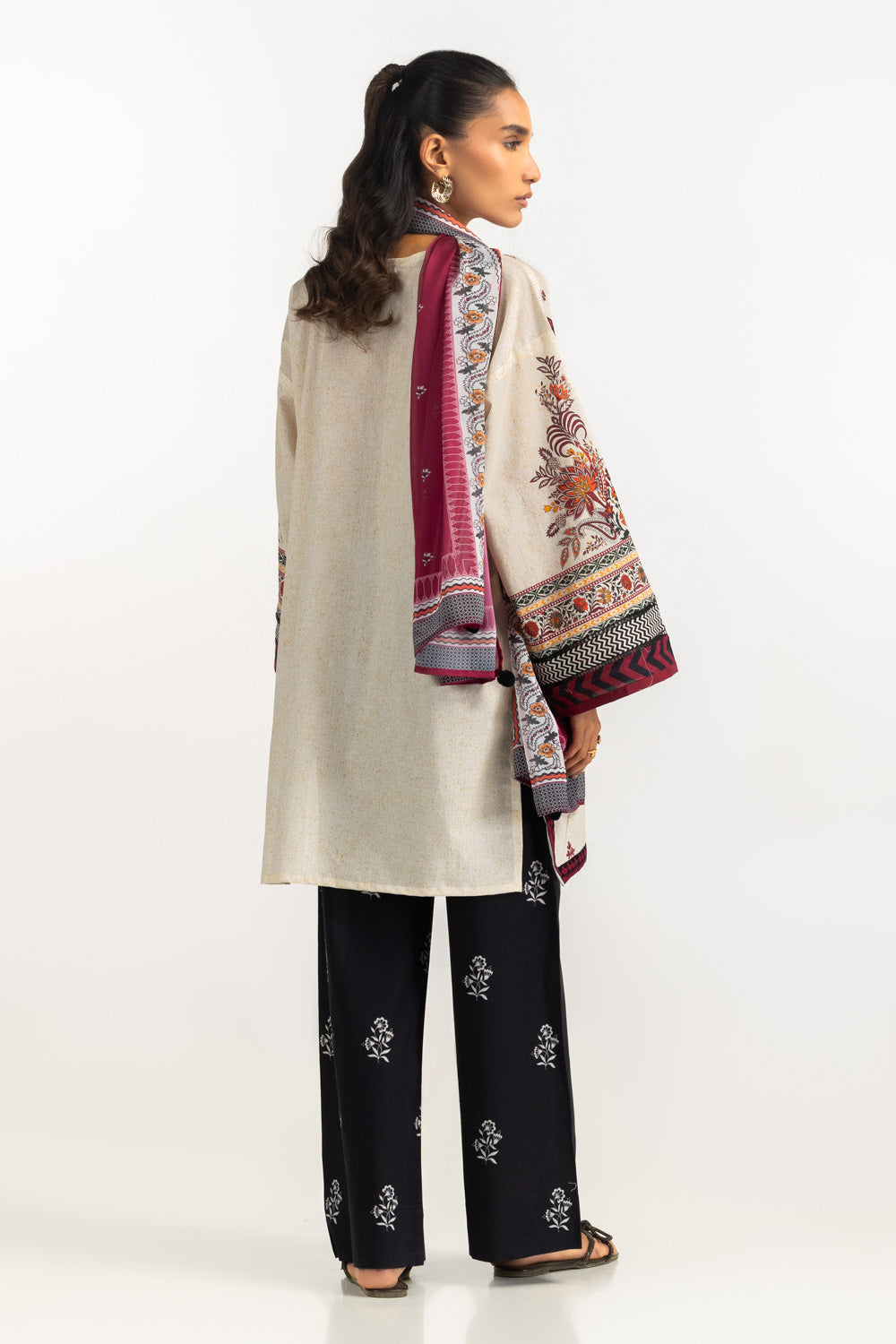 3PC Cambric Embroidered Suit With Printed Scarf